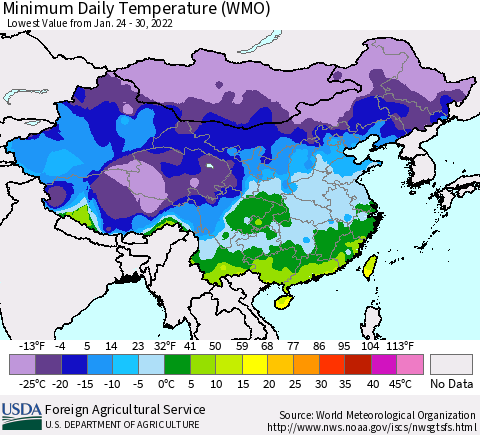 China, Mongolia and Taiwan Minimum Daily Temperature (WMO) Thematic Map For 1/24/2022 - 1/30/2022