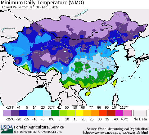 China, Mongolia and Taiwan Minimum Daily Temperature (WMO) Thematic Map For 1/31/2022 - 2/6/2022