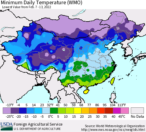 China, Mongolia and Taiwan Minimum Daily Temperature (WMO) Thematic Map For 2/7/2022 - 2/13/2022