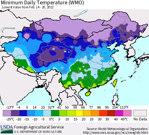 China, Mongolia and Taiwan Minimum Daily Temperature (WMO) Thematic Map For 2/14/2022 - 2/20/2022