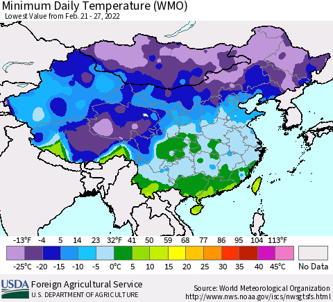 China, Mongolia and Taiwan Minimum Daily Temperature (WMO) Thematic Map For 2/21/2022 - 2/27/2022