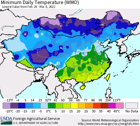 China, Mongolia and Taiwan Minimum Daily Temperature (WMO) Thematic Map For 2/28/2022 - 3/6/2022
