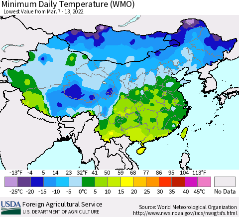 China, Mongolia and Taiwan Minimum Daily Temperature (WMO) Thematic Map For 3/7/2022 - 3/13/2022