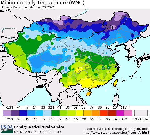 China, Mongolia and Taiwan Minimum Daily Temperature (WMO) Thematic Map For 3/14/2022 - 3/20/2022