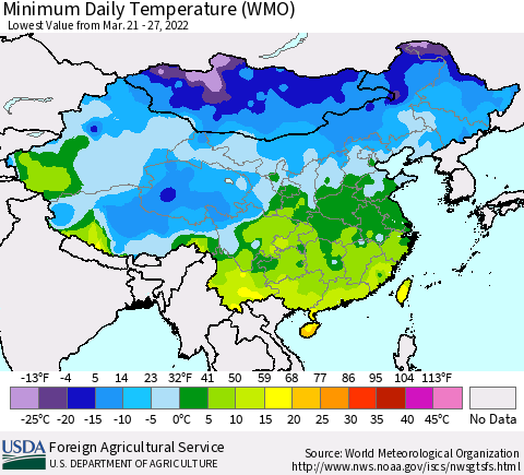 China, Mongolia and Taiwan Minimum Daily Temperature (WMO) Thematic Map For 3/21/2022 - 3/27/2022