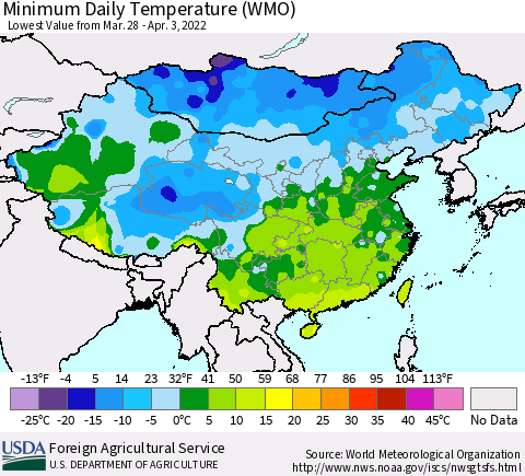 China, Mongolia and Taiwan Minimum Daily Temperature (WMO) Thematic Map For 3/28/2022 - 4/3/2022