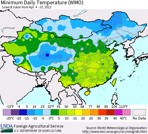 China, Mongolia and Taiwan Minimum Daily Temperature (WMO) Thematic Map For 4/4/2022 - 4/10/2022