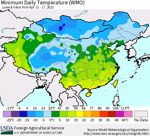 China, Mongolia and Taiwan Minimum Daily Temperature (WMO) Thematic Map For 4/11/2022 - 4/17/2022