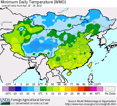 China, Mongolia and Taiwan Minimum Daily Temperature (WMO) Thematic Map For 4/18/2022 - 4/24/2022