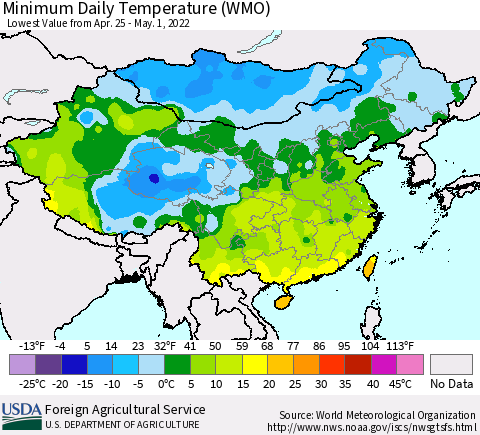 China, Mongolia and Taiwan Minimum Daily Temperature (WMO) Thematic Map For 4/25/2022 - 5/1/2022