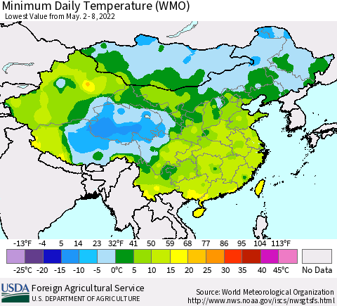 China, Mongolia and Taiwan Minimum Daily Temperature (WMO) Thematic Map For 5/2/2022 - 5/8/2022