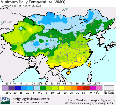 China, Mongolia and Taiwan Minimum Daily Temperature (WMO) Thematic Map For 5/9/2022 - 5/15/2022