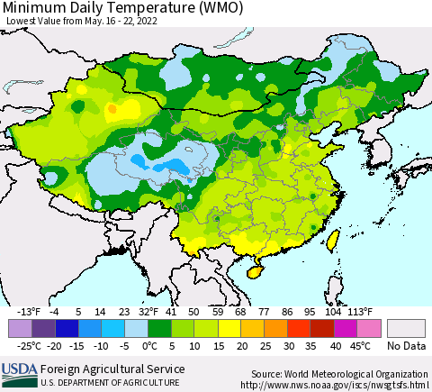 China, Mongolia and Taiwan Minimum Daily Temperature (WMO) Thematic Map For 5/16/2022 - 5/22/2022