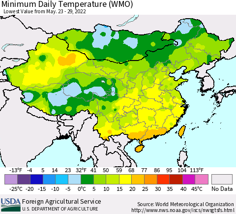 China, Mongolia and Taiwan Minimum Daily Temperature (WMO) Thematic Map For 5/23/2022 - 5/29/2022