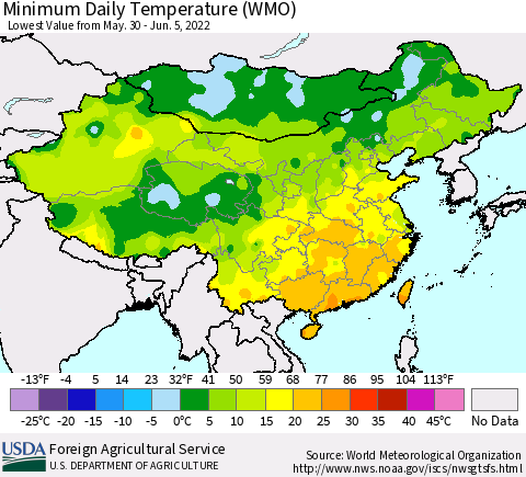 China, Mongolia and Taiwan Minimum Daily Temperature (WMO) Thematic Map For 5/30/2022 - 6/5/2022
