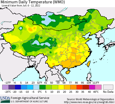 China, Mongolia and Taiwan Minimum Daily Temperature (WMO) Thematic Map For 6/6/2022 - 6/12/2022
