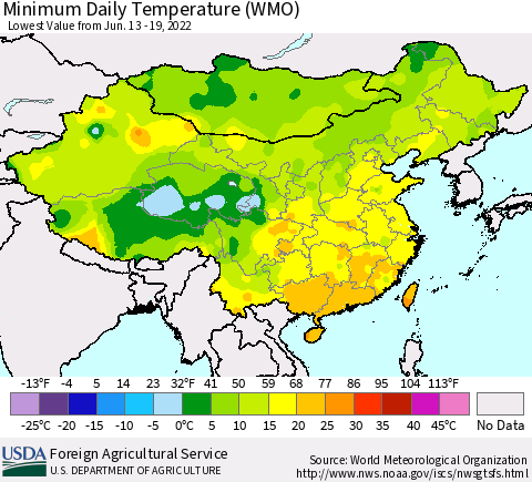 China, Mongolia and Taiwan Minimum Daily Temperature (WMO) Thematic Map For 6/13/2022 - 6/19/2022
