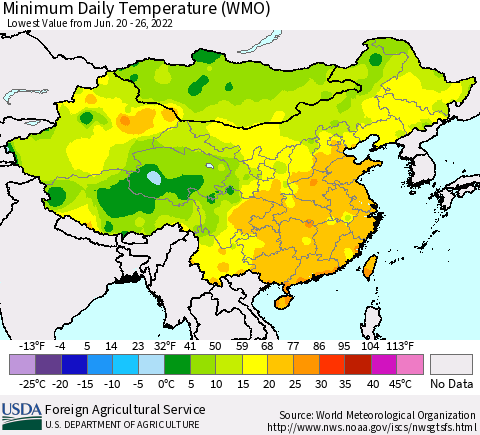 China, Mongolia and Taiwan Minimum Daily Temperature (WMO) Thematic Map For 6/20/2022 - 6/26/2022