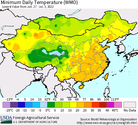 China, Mongolia and Taiwan Minimum Daily Temperature (WMO) Thematic Map For 6/27/2022 - 7/3/2022
