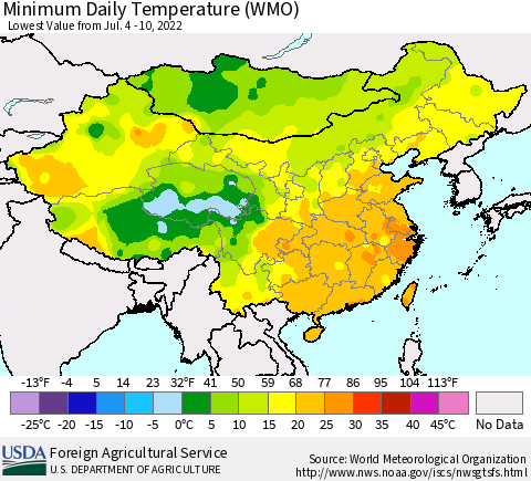 China, Mongolia and Taiwan Minimum Daily Temperature (WMO) Thematic Map For 7/4/2022 - 7/10/2022