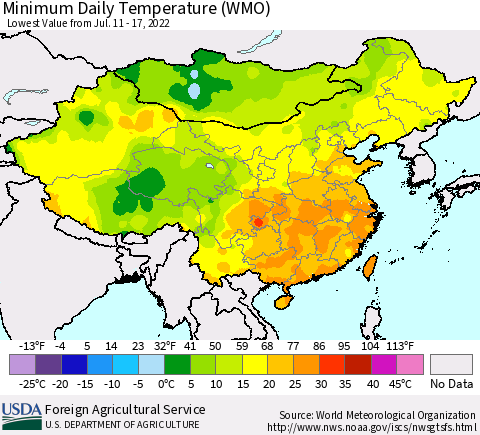 China, Mongolia and Taiwan Minimum Daily Temperature (WMO) Thematic Map For 7/11/2022 - 7/17/2022