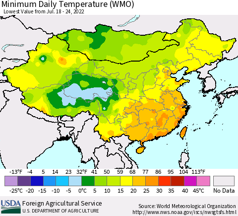 China, Mongolia and Taiwan Minimum Daily Temperature (WMO) Thematic Map For 7/18/2022 - 7/24/2022