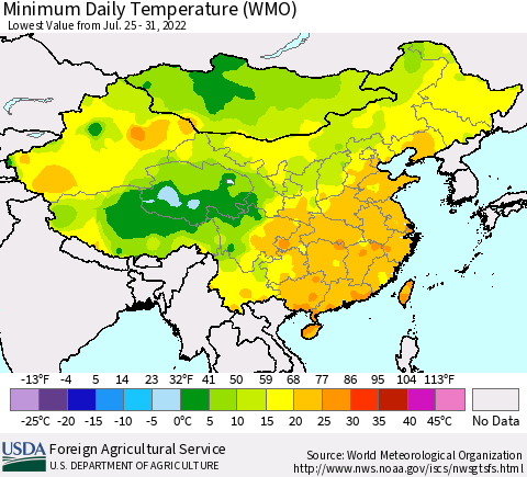 China, Mongolia and Taiwan Minimum Daily Temperature (WMO) Thematic Map For 7/25/2022 - 7/31/2022