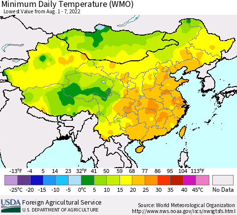 China, Mongolia and Taiwan Minimum Daily Temperature (WMO) Thematic Map For 8/1/2022 - 8/7/2022