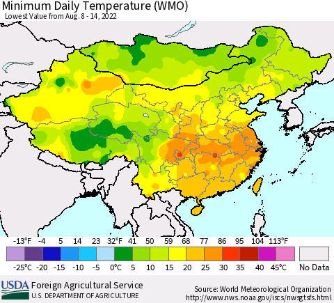 China, Mongolia and Taiwan Minimum Daily Temperature (WMO) Thematic Map For 8/8/2022 - 8/14/2022