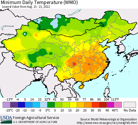 China, Mongolia and Taiwan Minimum Daily Temperature (WMO) Thematic Map For 8/15/2022 - 8/21/2022
