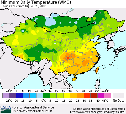 China, Mongolia and Taiwan Minimum Daily Temperature (WMO) Thematic Map For 8/22/2022 - 8/28/2022