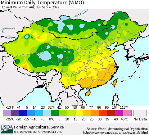 China, Mongolia and Taiwan Minimum Daily Temperature (WMO) Thematic Map For 8/29/2022 - 9/4/2022
