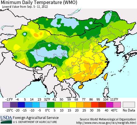 China, Mongolia and Taiwan Minimum Daily Temperature (WMO) Thematic Map For 9/5/2022 - 9/11/2022