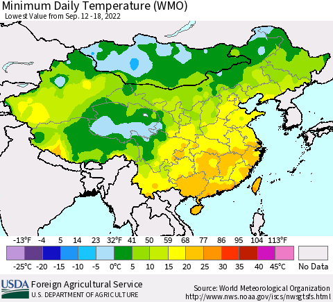China, Mongolia and Taiwan Minimum Daily Temperature (WMO) Thematic Map For 9/12/2022 - 9/18/2022