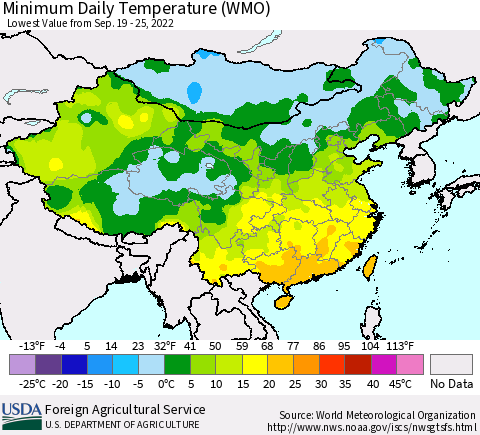 China, Mongolia and Taiwan Minimum Daily Temperature (WMO) Thematic Map For 9/19/2022 - 9/25/2022