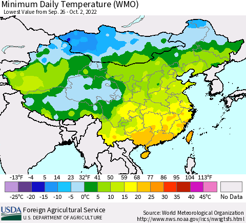China, Mongolia and Taiwan Minimum Daily Temperature (WMO) Thematic Map For 9/26/2022 - 10/2/2022