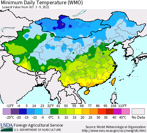 China, Mongolia and Taiwan Minimum Daily Temperature (WMO) Thematic Map For 10/3/2022 - 10/9/2022
