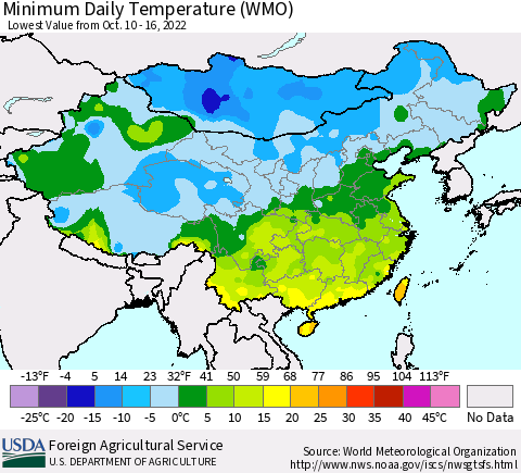 China, Mongolia and Taiwan Minimum Daily Temperature (WMO) Thematic Map For 10/10/2022 - 10/16/2022