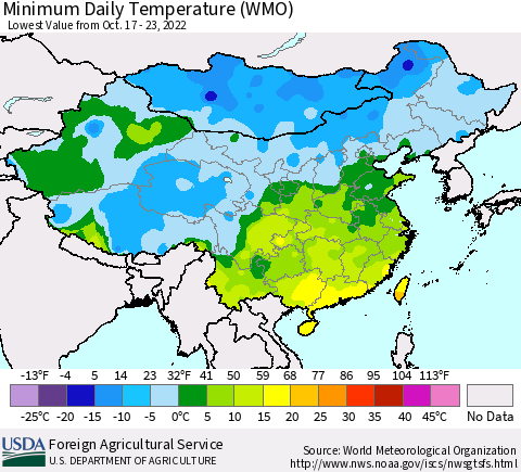 China, Mongolia and Taiwan Minimum Daily Temperature (WMO) Thematic Map For 10/17/2022 - 10/23/2022