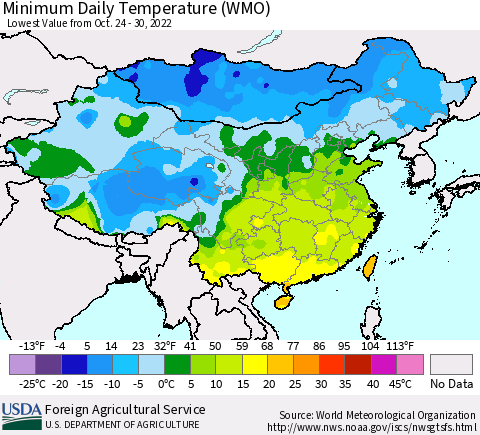 China, Mongolia and Taiwan Minimum Daily Temperature (WMO) Thematic Map For 10/24/2022 - 10/30/2022