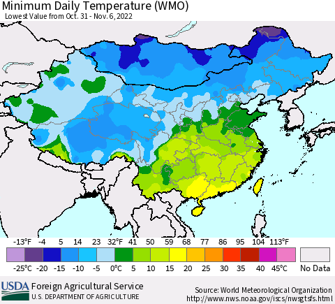 China, Mongolia and Taiwan Minimum Daily Temperature (WMO) Thematic Map For 10/31/2022 - 11/6/2022