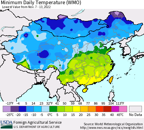 China, Mongolia and Taiwan Minimum Daily Temperature (WMO) Thematic Map For 11/7/2022 - 11/13/2022