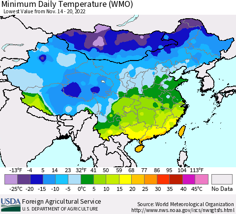 China, Mongolia and Taiwan Minimum Daily Temperature (WMO) Thematic Map For 11/14/2022 - 11/20/2022