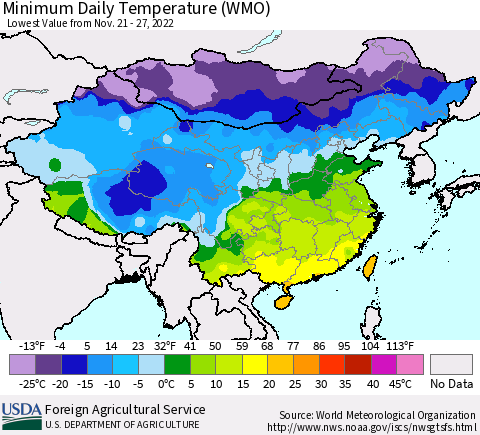 China, Mongolia and Taiwan Minimum Daily Temperature (WMO) Thematic Map For 11/21/2022 - 11/27/2022