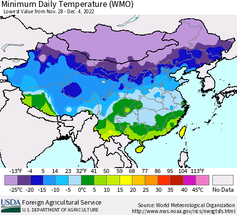 China, Mongolia and Taiwan Minimum Daily Temperature (WMO) Thematic Map For 11/28/2022 - 12/4/2022