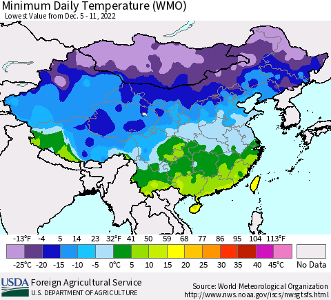 China, Mongolia and Taiwan Minimum Daily Temperature (WMO) Thematic Map For 12/5/2022 - 12/11/2022