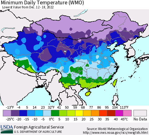 China, Mongolia and Taiwan Minimum Daily Temperature (WMO) Thematic Map For 12/12/2022 - 12/18/2022
