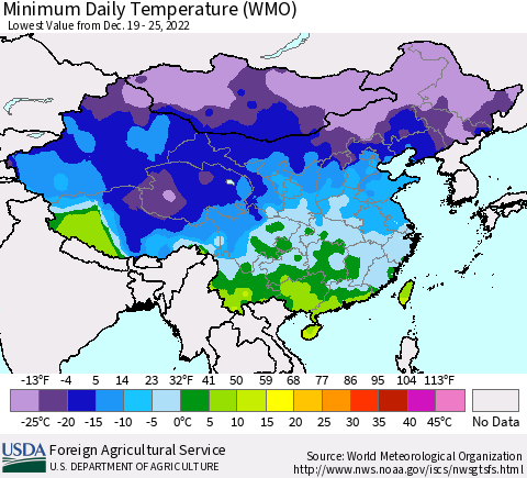 China, Mongolia and Taiwan Minimum Daily Temperature (WMO) Thematic Map For 12/19/2022 - 12/25/2022