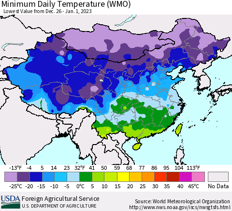 China, Mongolia and Taiwan Minimum Daily Temperature (WMO) Thematic Map For 12/26/2022 - 1/1/2023