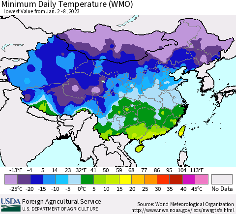China, Mongolia and Taiwan Minimum Daily Temperature (WMO) Thematic Map For 1/2/2023 - 1/8/2023